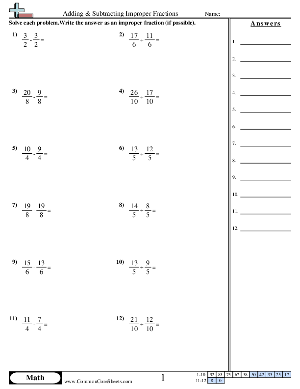 Improper Fractions (Same Denominator) worksheet